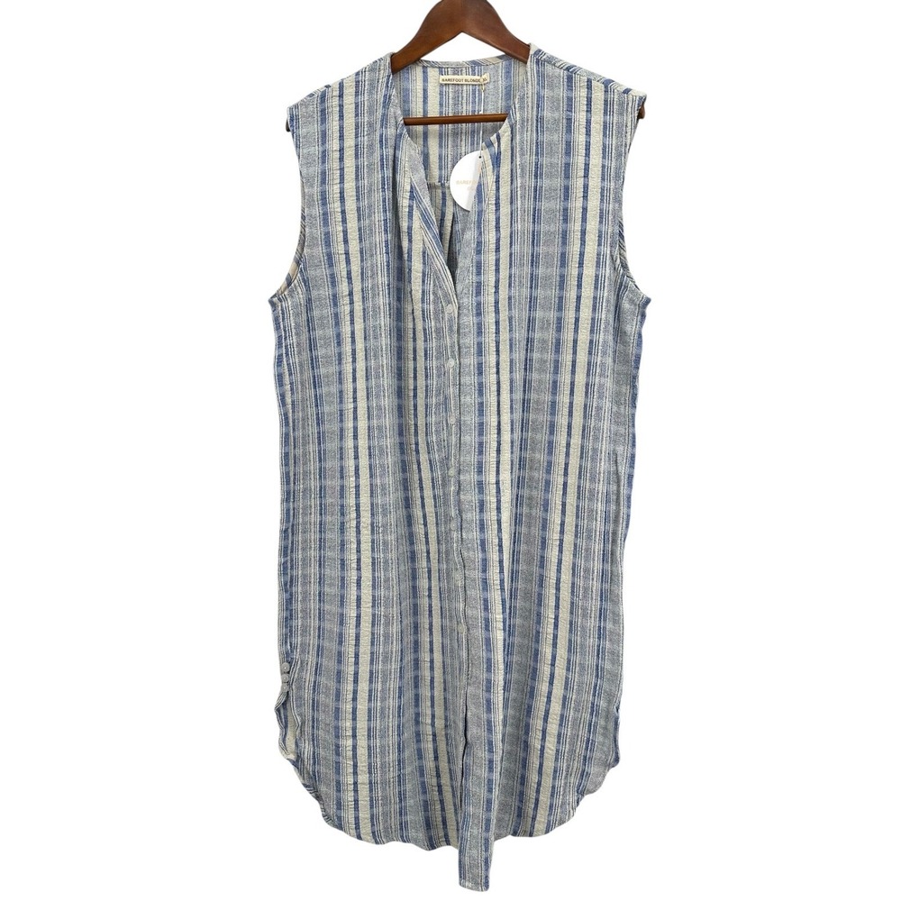 NEW Barefoot Blonde Ivory & Blue Striped Sleeveless Button Front Cotton Dress XL
